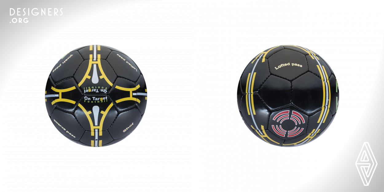 The On Target Football is a football, which is unique in that it has instructional markings, that help players visualise where they need to strike the ball to achieve a specific pass or shot. It also helps coaches to help them explain to young children and helping them become better players faster. The On Target Football has 4 sides, each with unique markings for each type of pass and shot. 