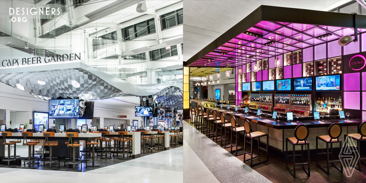 At Newark Liberty International Airport, previously underutilized corridors containing moving walkways were re-purposed to feature expansive food and beverage offerings in fresh "oases." Each oasis has a different restaurant or bar and is approximately three meters wide by forty-six meters long. Going beyond simple structural solutions, the designs create an appealing sense of place in the formerly bleak airport hallways. The experience is further enhanced with the numerous site-specific artworks that have been commissioned from established artists and incorporated into each oasis.