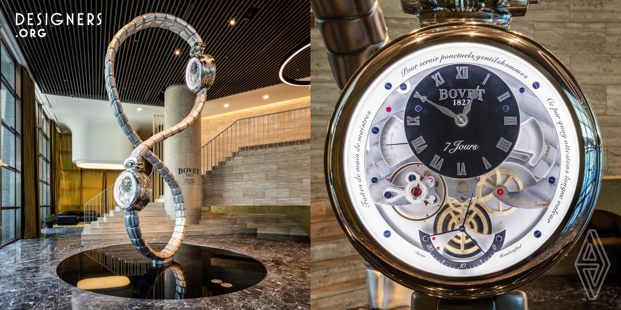 In association with Swiss luxury watch manufacturer Bovet, we’ve developed a five metre clocktower installation. Placed in the Asterium Towers of Seoul’s Yongsan Business District, it serves both as an attraction and a meeting point. The tower’s shape is a contemporary interpretation of a classic clocktower. Its moebius strip represents the conception of infinity and the eternal cycle of time. Depending on the perspective, this theme is further reinforced by the perceived shape of an eight, a symbol of luck and fortune in Chinese culture. 