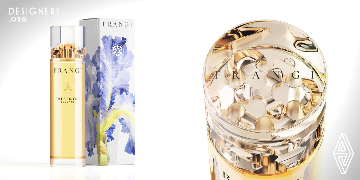 The glass bottle of minimalist style is matched with a light golden cap of iris. The flower is shining and sparkling in the middle of the crystal acrylic cylinder. Iris is a spiritual symbol of the enterprise, and the designer tries to keep the figure concrete so as to maximize the value of the brand. The designer creates the figure inside the cap based on the three petals, calyxes, and stigmatic lips in each flower, and piles them up into a tridimensional model in a decussate way. The cap of the bottle makes the whole package an artistic creation.