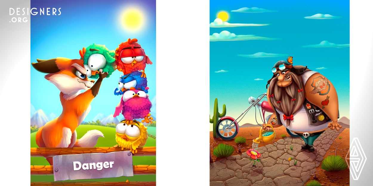 Shows a series of characters that was created for mobile games. Each illustration is a new theme for each game.
The author's task was to make the characters that attention of people of different ages. because the game certainly should be interesting, but the characters must complement it, making the process more interesting and colorful.