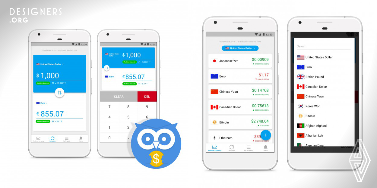  The Owl Currency is an multifunctional exchange rate viewer from USD to Bitcoin, other 190s. The app is easy, because the complex configuration has been hidden as much as possible. If users need a complex configuration, they can find it easily. Each configuration button has a Chevron mark. And each page of each menu has its own unique layout. So users don't get confused with the other menus. Finally, the Owl Currency can be still simple although it has multifunction.