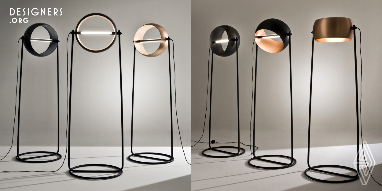The design of Globe floor lamp by Edoardo Colzani originates from a sphere, reinterpreted by cutting its upper and bottom parts to create a new lampshade, suitable for casting the light both upwards and downwards. The project focuses on the use of handcrafted materials and on the round shape of the lampshade, made up of one metal piece without any weld joints. Globe design focuses also on flexibility thanks to the different combinations of internal and external finishes and to the adjustable lampshade and LED bar, that can both rotate to adapt to different needs.