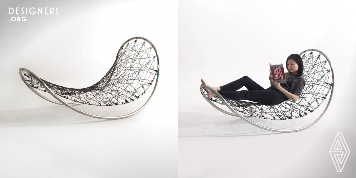 Cocoon Chair was inspired by how silkworm develops cocoon. Cocoon Chair uses continuous line randomly looped around a frame structure to create a woven form that serves as a lounge chair, the woven line form present the texture of cocoon and the rocking motion presents the experience of the floating nature of the cocoon.The minimal structure was considered based on the lightless feeling of the cocoon. The outcome is a minimal structure that represents a natural comfort form that serves as a functional piece of furniture which called “Cocoon”