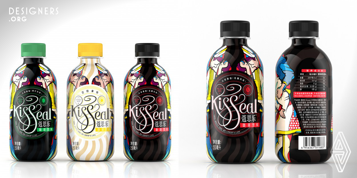  The name of Kisseal is from a pop song and every single letter is symbolized in the artwork into flowing shapes just like the aroma of coffee.The illustration of the bottle is from 2 famous artists, Marco & Stefano, twin bothers from Turin Italy.It is believed that the inspiration comes from stained glass window of churches and the style is Pop Art, which endows the package with a high identifiability and a strong feeling of aesthetics. The designer makes a perfect adjustment of the illustration for the package. As such, the pop graphic design builds up a young and entertaining brand image.