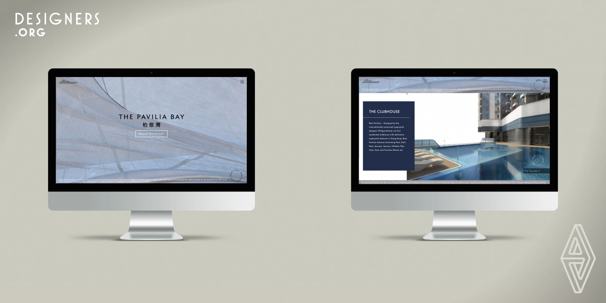 To emulate the voyage of The Pavilia Bay, the website was created on a serene blue canvas to capture the essence of a broadening horizon. Navigation wheels spin in a clockwise motion as representation of life savers to further enhance the nautical theme and create interest for exploration. Elements of the website include horizontal lines that load from the sides as one scrolls down, gently evoke a sense of continuous discovery and completion of a journey. As the user advances through, information flows into place and spinning lifesaver wheels provide navigation within each section. 
