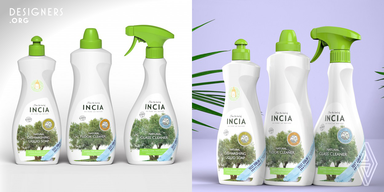 Incia household cleaner series which contain herbal ingredients and are produced by completely natural methods. A bottle series which is inline with this claim and “as pure as nature” motto of the brand was designed. Packaging design alternatives inspired from water flow were prepared for Incia household cleaners. Special details were added to the designs for an easy grip with wet hand. Green caps were preferred referring to herbal essences in the products. We have once again emphasized the eco friendly property of the product, designing it %100 recyclable packaging. 
