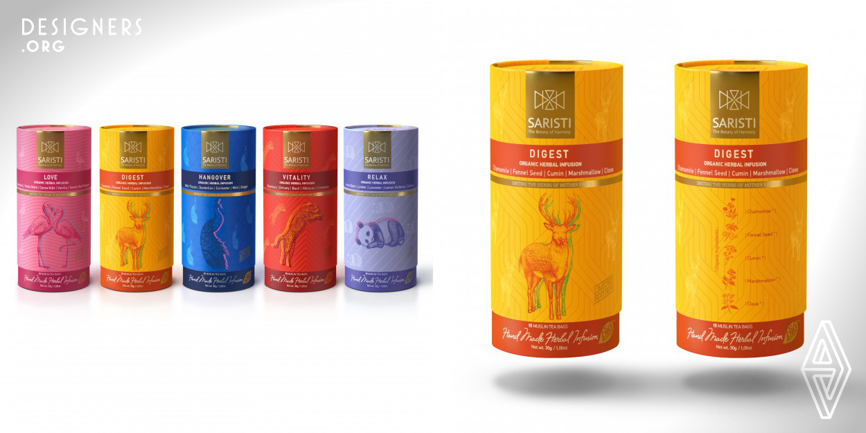 The design is a cylindrical container with vibrant colors. Innovative and illuminating use of colors and shapes creates a harmonious design that reflect SARISTI's herbal infusions. What differentiates our design is our ability to give a modern twist to dry tea packaging. The animals used in the packaging represent emotions and conditions that people often experience. For instance, the Flamingo birds represent love, the Panda bear represents relaxation. 