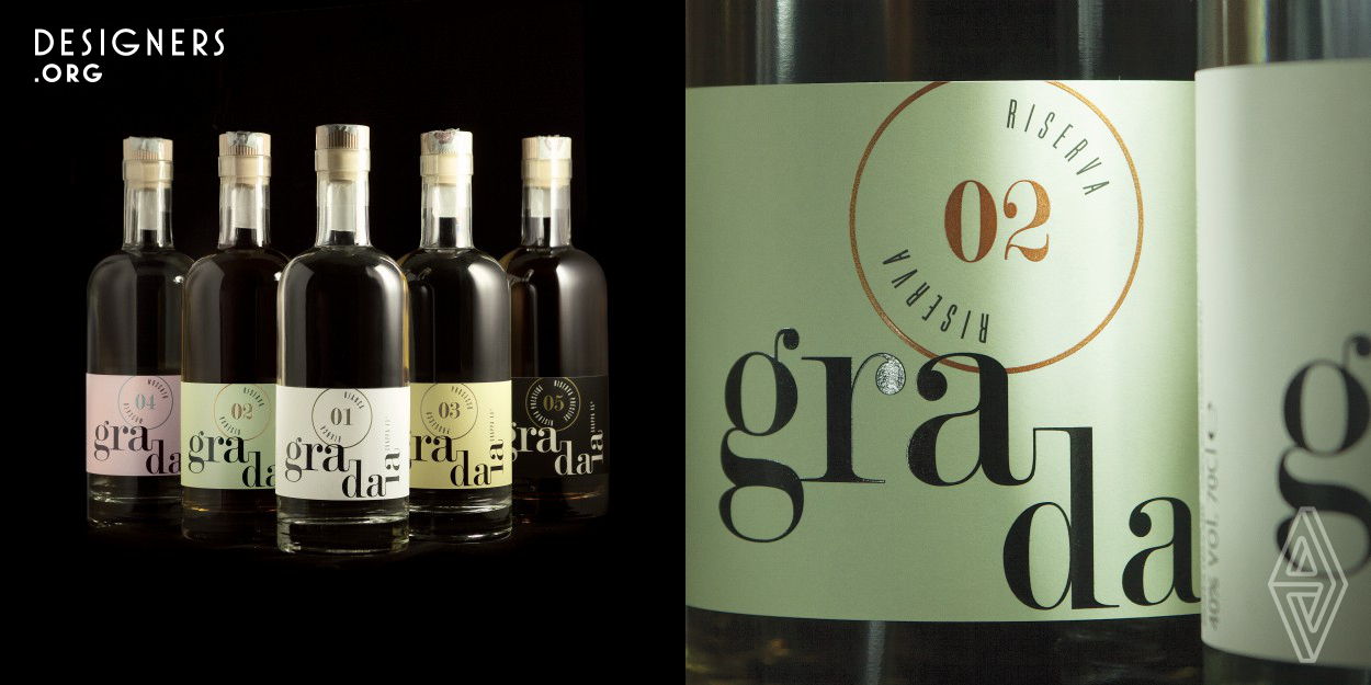 Evergreen simplicity of the Italian style. The design has been created to express a clear difference between the ancient and traditional world of Italian grape wines and the new identity of Gradaia, based on the modern shape of the bottle (already existing) together with the classic font managed into the space to communicate the evergreen italian style.