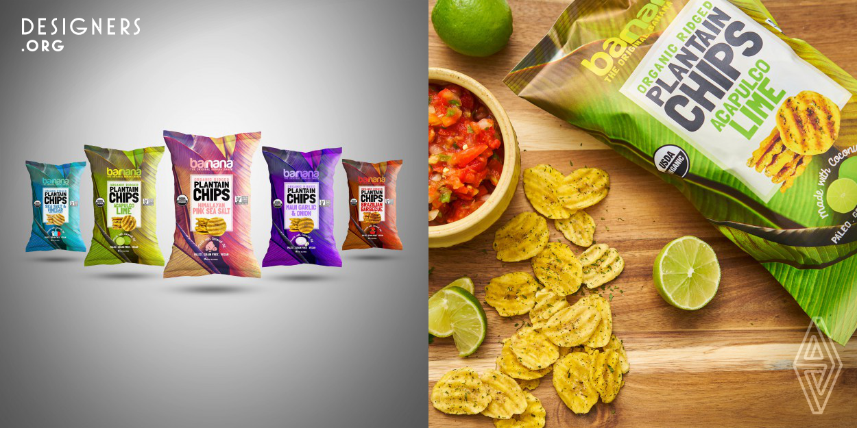 This package has been designed for Barnana's brand new line of products, Organic Ridged Plantain Chips. The background texture of this package is made up of several banana leafs overlays on top of each other giving it unique depth and texture paying homage to the brand's tropical roots. The leaf used here was harvested from the plantain farms in Ecuador where the raw materials are grown.