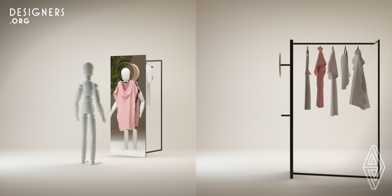 This is a mirror called GLANCE that show you immediatly how you can look with an outfit without wear it, it has also an hanger behind. the structure is selfstanding so you don't need a wall to fix it. The head mirror and the lower hanger are adjustable in height so it can be used from tall and short people. The mirror has an essential design so you can easly put it in bedroom or a shop.