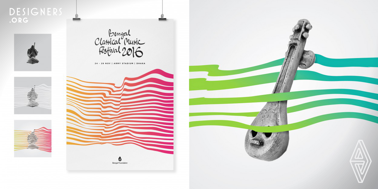 The 5th edition of South Asia's largest classical music event "Bengal Classical Music Festival" took place in November 2016, and it came with a beautiful set of visuals. The communication design for the event was based on a study on different RAAGAs based on different times and the color pallette were derived from this concept. The key visual expresses a wave of energy flowing around the artist and towards the listeners. The expression is simple yet strong.
