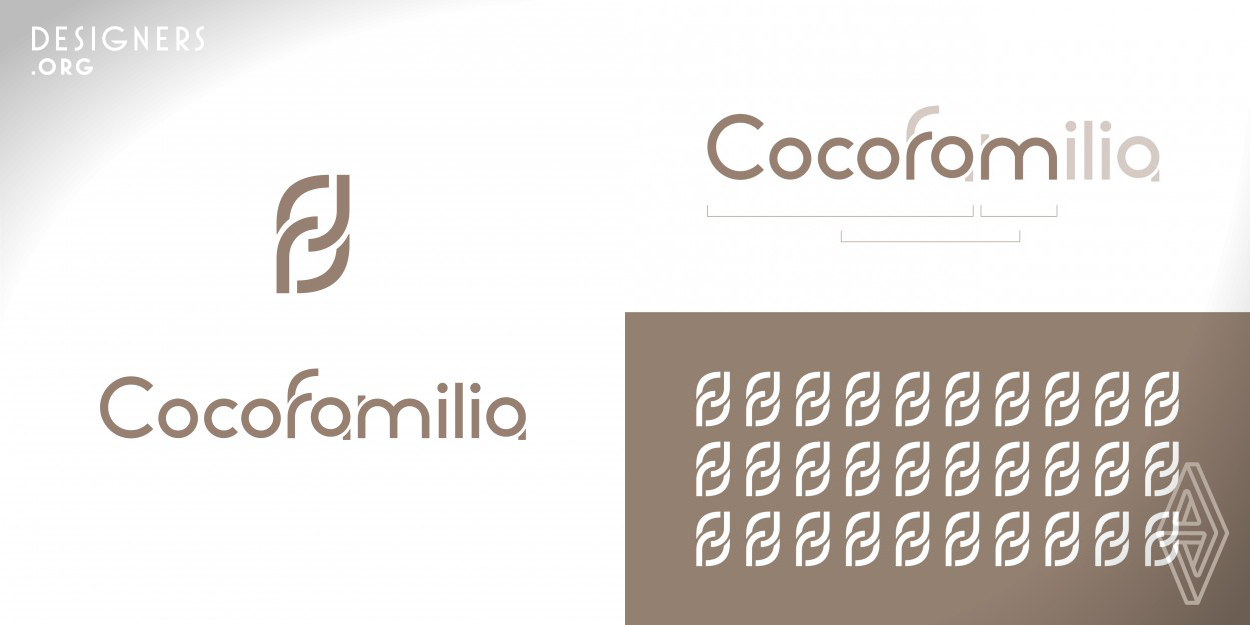 Cocofamilia is an upscale rental apartment building for seniors. Within the logo are embedded the building's slogan ('Together, from the heart, like family') and the message 'forming a bridge to the heart'. When the 'f' is read as an 'r', and the 'a' is read as an 'o', the word 'Cocoro' - which means 'heart' in Japanese - emerges. Seeing this in conjunction with the shape of an arch bridge, as found in the 'm', reveals the 'forming a bridge to the heart' message.