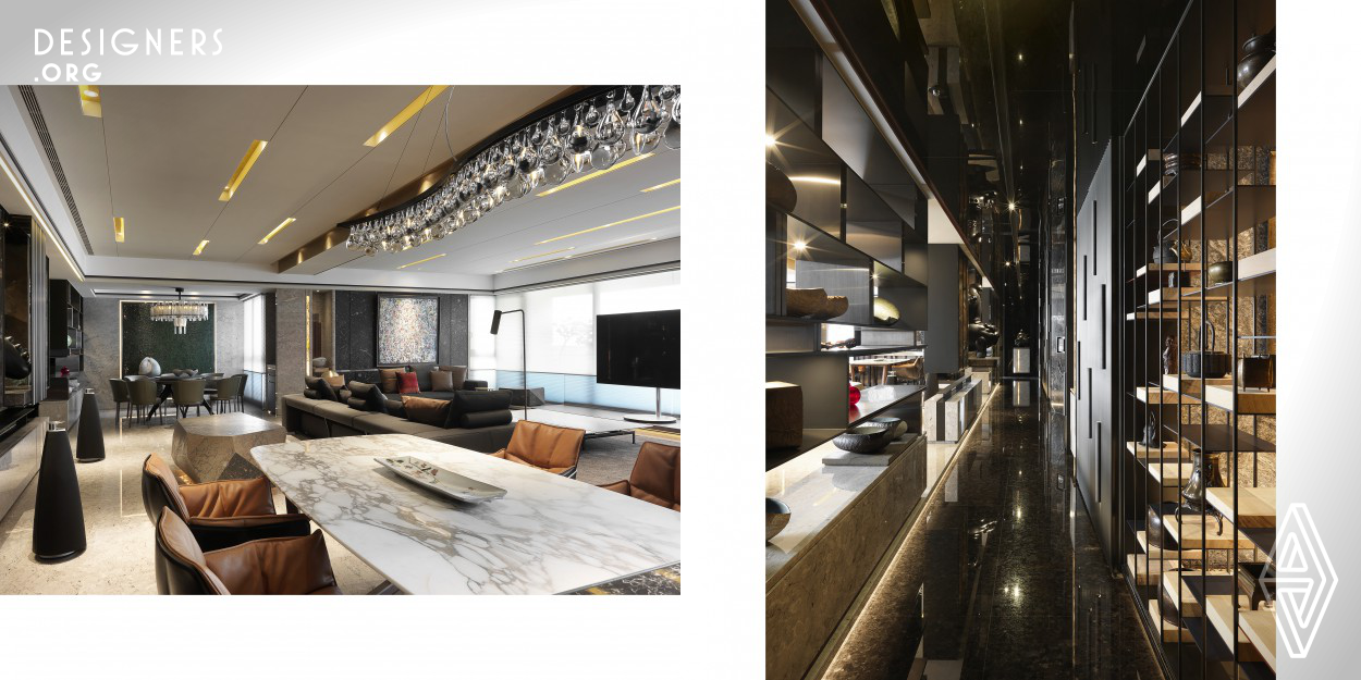 Located at the central area in Taichung City and surrounded by a big park, the 25-floor mansion is a reception hotel only available for members’. In a symmetrical indoor space, with T-style configuration, people can see a great view through a large ceiling window at the balcony. For the client having a number of large art collections, the interior design is based on the idea of magnificent exhibition gallery.