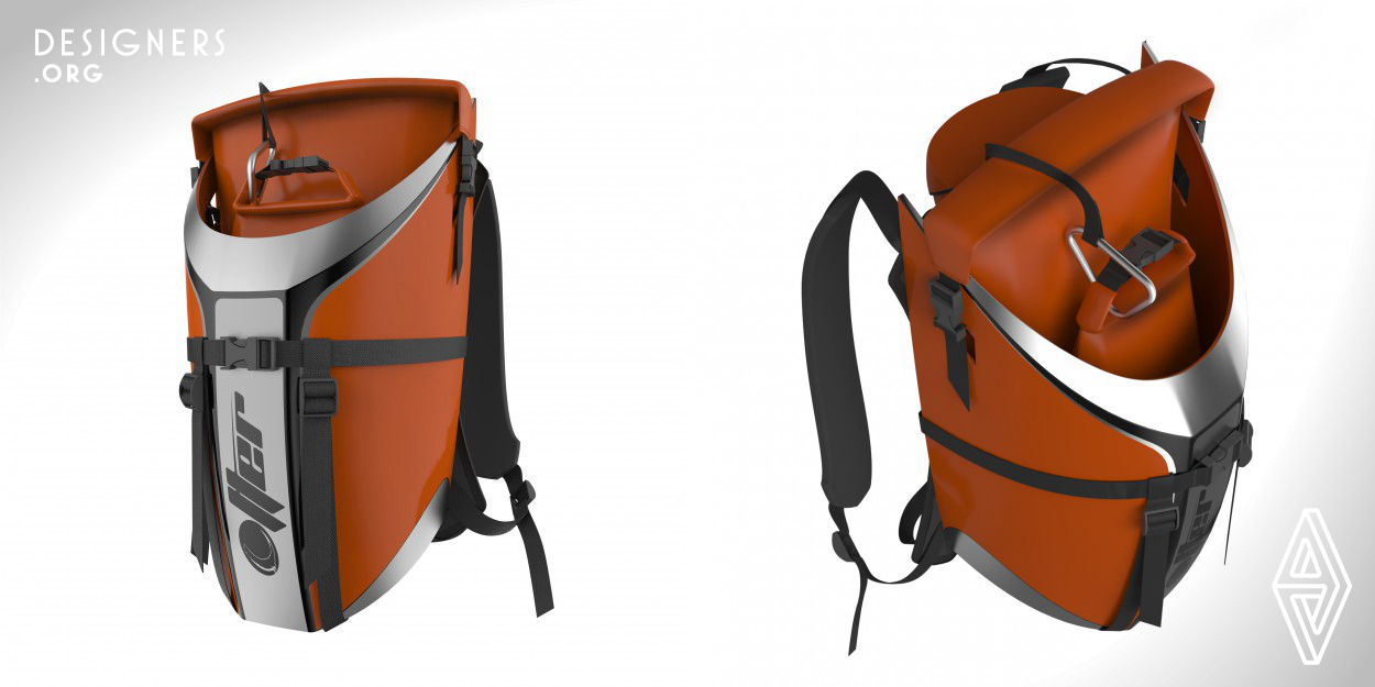 ‘Otter’ is a personal disaster relief backpack for both wet and dry emergencies. The pack consists of two quick-seal storages and a deployable life vest, contained within a hard protective shell. It allows people to quickly store their personal belongings as they make a run during the disaster. When deployed, it helps position the user like a backward-swimming otter, keeping the user's head out of the water at all times by supporting the back of the neck over a long period of time. 