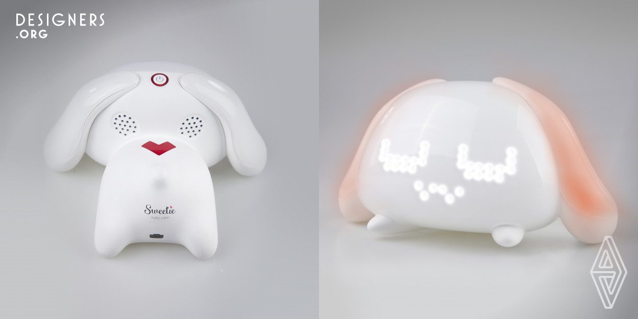 Sweetie has the cute and safe performance and effective function. First, Sweetie can change their light color and soothing sound to make a comfortable environment. In this way, it can lead children to sleep quickly and awake naturally. Moreover, Sweetie also includes sensor to build a monitor part to ensure children safety. In addition, Sweetie has her face to express the time need to go to sleep or awake. It is predicted that children would make a good sleep behavior by sleeping with Sweetie.