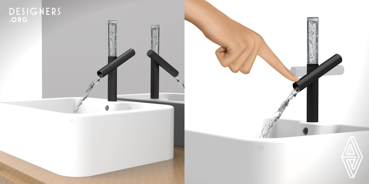 This faucet’s outlet works directly as a switch. Glass tube can just save enough water for one person to wash hands, so that users can visually see how much water have used. The form of water visualization can improve user's awareness of water conservation. Turn on the faucet by pressing the outlet and tilting it downwards. Lift the outlet to level to turn off the faucet. The glass tube will be rapidly filled with water when it is closed. Since the hands are always washed during the faucet is turning off, users' hands will not get dirty again.