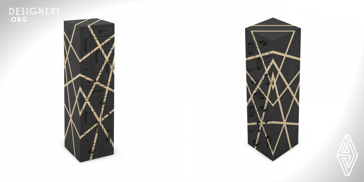 Black Labyrinth by Eckhard Beger for ArteNemus is a vertical chest of drawers with 15 drawers drawing its inspiration from Asian medical cabinets and the Bauhaus style. Its dark architectural appearance is brought to life through bright marquetry rays with three focal points which are mirrored around the structure. The conception and mechanism of the vertical drawers with their rotating compartment convey the piece its intriguing appearance. The wood structure is covered with black dyed ebony veneer while the marquetry is made in flamed maple. The veneer is oiled to achieve a satinated finish.