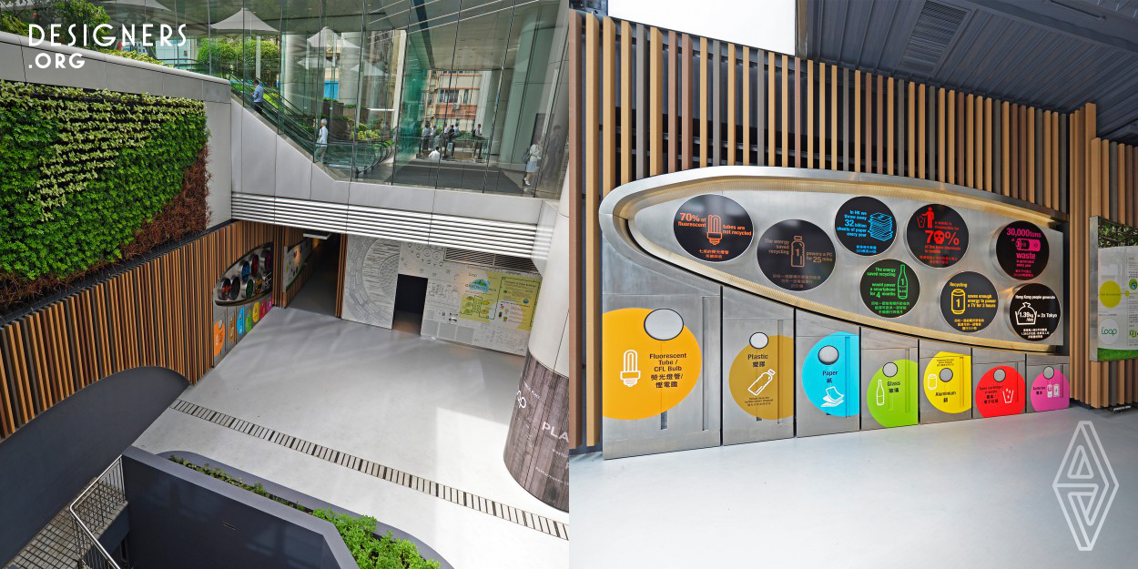 Located inside Devon House and spanning 4,000 sq ft, the project comprises of three main areas: an entry lobby at Devon House which merges into secondly, an experiential corridor and finally the main open display courtyard with recycling facilities. The design uses a limited palette of materials, such as recycled timber veneer, recycled material terrazzo flooring, each of which was carefully selected to tell a story and provide a continuous theme for the visitors.