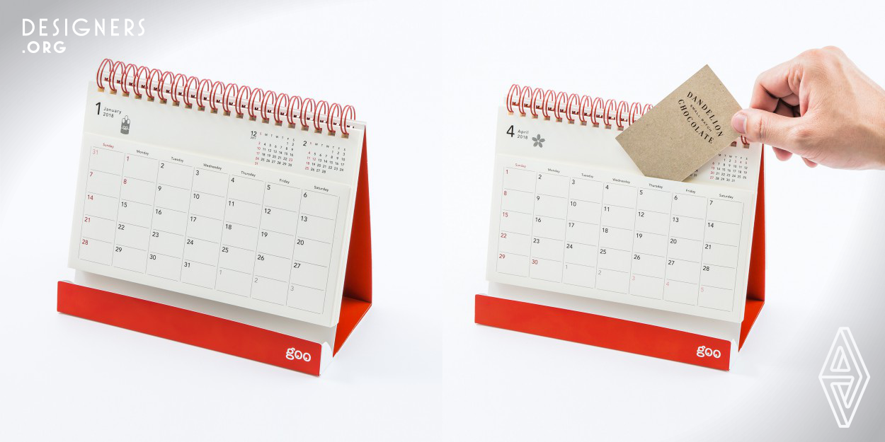 A promotional calendar for goo, the Internet portal site that originated in Japan, this is an upgraded version of the desk calendar with pockets that has been a popular item every year. The 2018 version of the pocket calendar has a multi-function tray. User can put items on the desk — pens, clips, tags and a mobile. A pocket-type calendar is useful because you can store notes, business cards, receipts each month. The one-point illustrations are casually directing the seasonal feeling. 