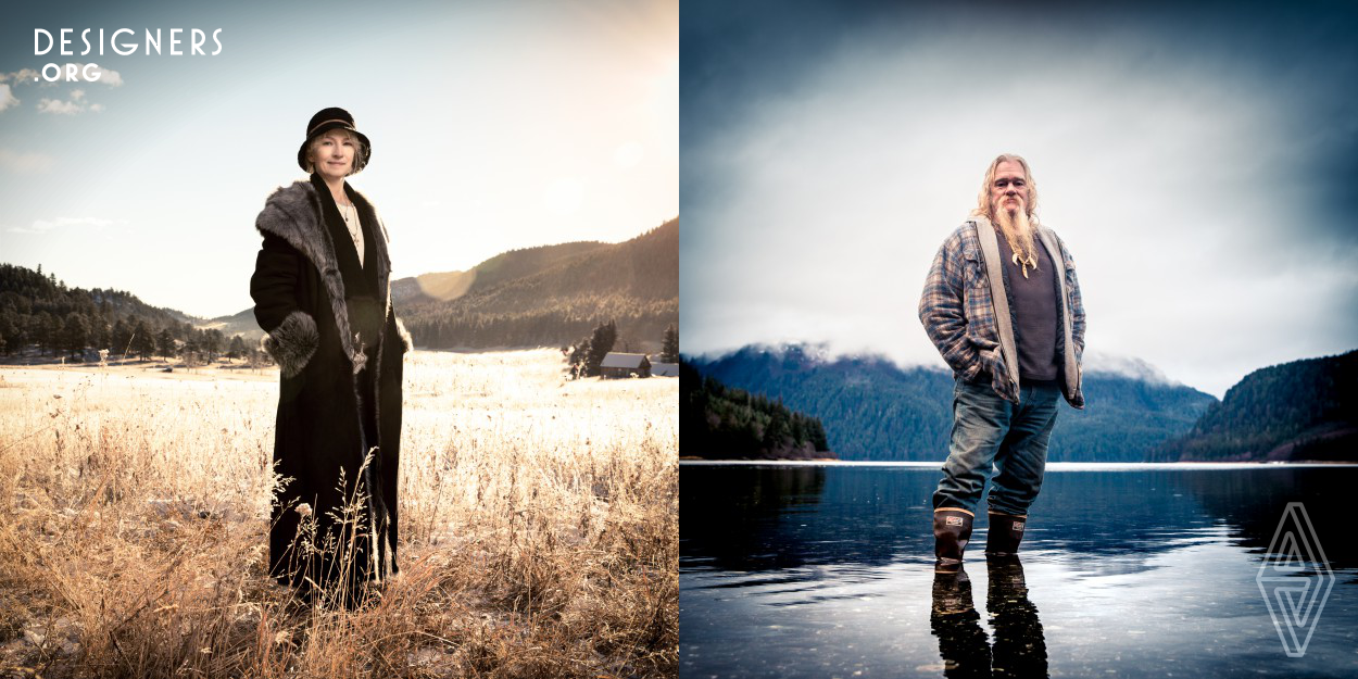 Print Campaign for the Discovery Channel show "Alaskan Bush People". The photographer was asked to create a modern series of portraits which also intimated an antique and rustic feel. So over a couple of months, the photographer headed to both Alaska and the Rockies of Colorado to shoot the cast of the show. It was important that the environment be featured not only as a tableau but more directly as a primary character directly shaping how the cast lived their lives.