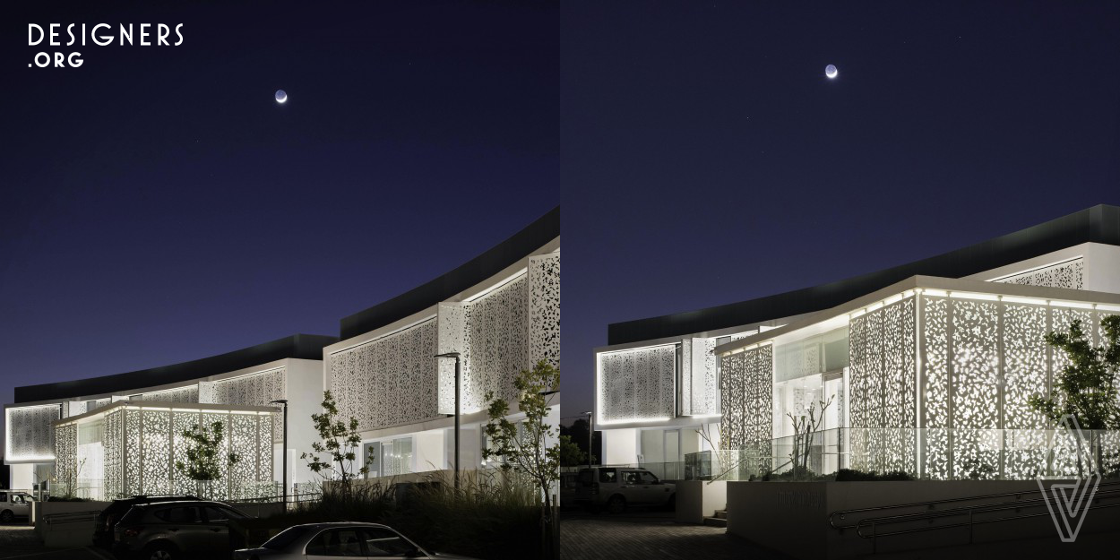 The goals of this project were to achieve a calming effect through lighting design, and emphasize the serenity of the seaside environment. The light projects outwards, pouring through the pattern of the building's outer skin. This differs from traditional outdoor lighting, as it was designed specifically to emphasize the special pattern of the building exterior. It was challenge to find an LED which resists UV exposure, the air's high salinity and weather corrosion, and whose light isn't made too harsh due to the increase in color temperature, as a result of its encapsulation