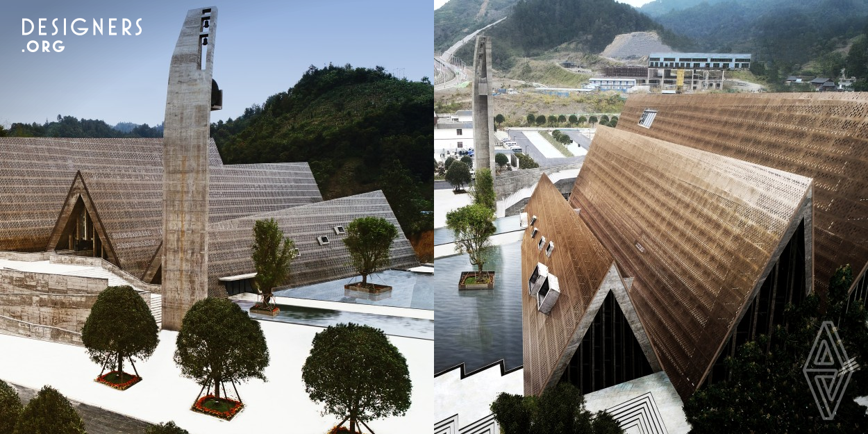 Located in China in Southern Guizhou Province, Shui Cultural Center is a gateway to Sandu County, the land of the Shui ethnic minority. West-line studio’s goal with this building was to turn the Shui’s ritual elements and atmosphere into a public space. A thin bronze skin creates a contrast with the heavy concrete structure, breaking the sunlight to create a dramatic effect once inside. After visitors pass the open water square the Cultural Center presents a succession of three spaces, strongly characterized by pitched roofs, which evoke the Shui’s mountain pictogram.