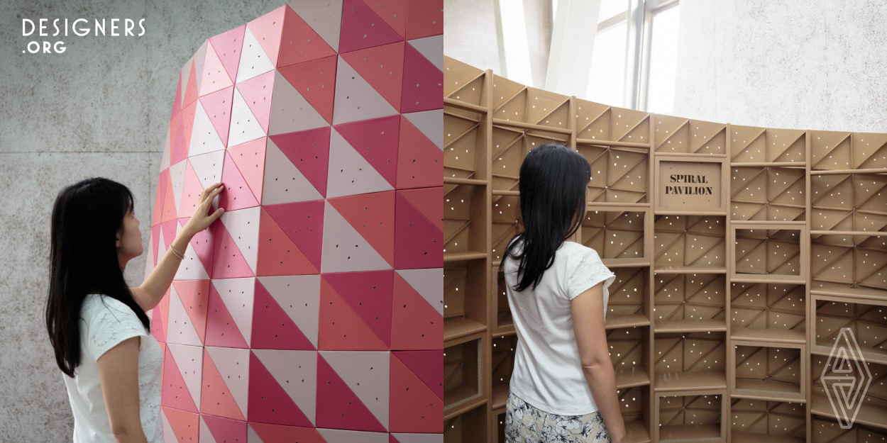 Installed on the ground floor of C-Hub, National Cheng Kung University in Tainan City, Taiwan, the Spiral Pavilion incorporates 100 percent cardboard material for its structure. The parametric modeling and digital fabrication tools are applied for the pavilion realization to achieve short time onsite assembly with non-skilled student volunteers of NCKU. 