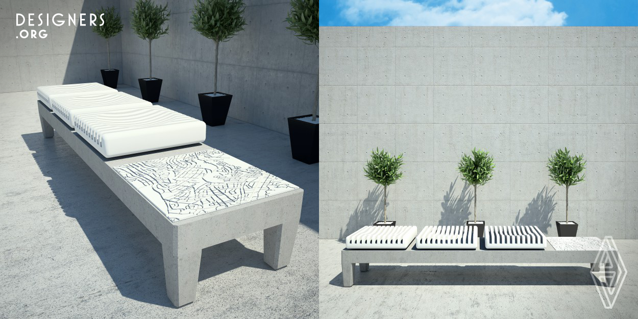 SITy bench is designed as an alternative view to the use of traditional concrete as color, form and texture. SITy bench consists of a body, seating units and a 3D map. All parts will be made of concrete. By bringing a new look to the concrete seating units used in simple geometric forms and making a new design using colour, form and texture differences brings creativity to the foreground in this design. The map shows the bank's location and expects the user to understand it. During the usage period, the map will be subject to graphical and visual interventions of the users and will change. 