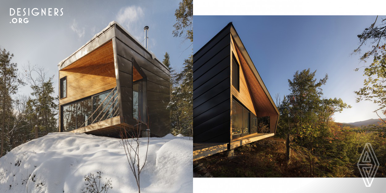 The Cabin on a Rock perches precariously over a steep drop-off in New Hampshire‘s White Mountains, affording dramatic views across the valley below. The cantilevering structure is lifted on 9 hand-poured footings in order to tread lightly on the sloped site. The faceted geometry of the 85sm modern mountain retreat reflects the evolution of the young growing family for which it was designed - a form that is both elemental yet is in constant transformation. The cabin combines custom design with prefabrication technology to make a lasting connection between a unique site and its occupants.