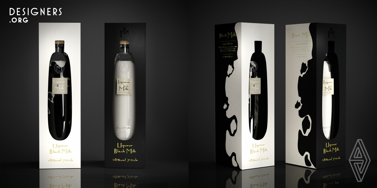 The packaging design has the two common but at the same time separately design sides.This is depends on what to choose the side that such color will be visible,if look at the black package side can see the white tint of the bottle, if choose the white face of package the black part of the flagon will be the general undertone.The graphic shapes of packaging has the reflections of the bottle design forms.The main graphic element is the cow spots.They are also exist on the package and  continue on the glass space.
