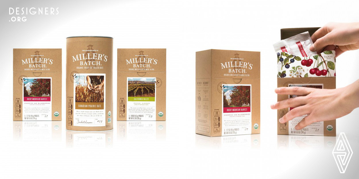 Miller's Batch brings us closer to the story of the oat through a packaging design that is simultaneously straightforward and premium. This origin story is featured prominently against a natural kraft canvas accented with original imagery, vivid colors, and authentic typography. Upon opening the oatmeal blend cartons, the inner flap reveals a beautiful illustrative pattern that highlights the premium ingredients.