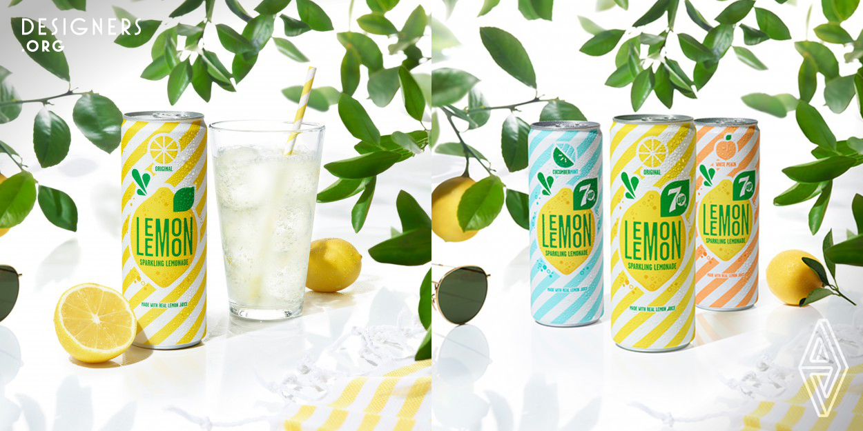 7up Lemon Lemon is where sparkling water, 6% lemon juice, and a touch of sweetness come together for fresh, fizzy goodness. The visual language combines the appeal of the vintage world of nostalgic lemonade with whimsical and modern design elements. The bright color palate is based on the colors of real fruit found in nature and the bold stripes are the backdropto the Lemon Lemon universe, creating a sense of flow and movement, which helps the packaging pop at shelf. 