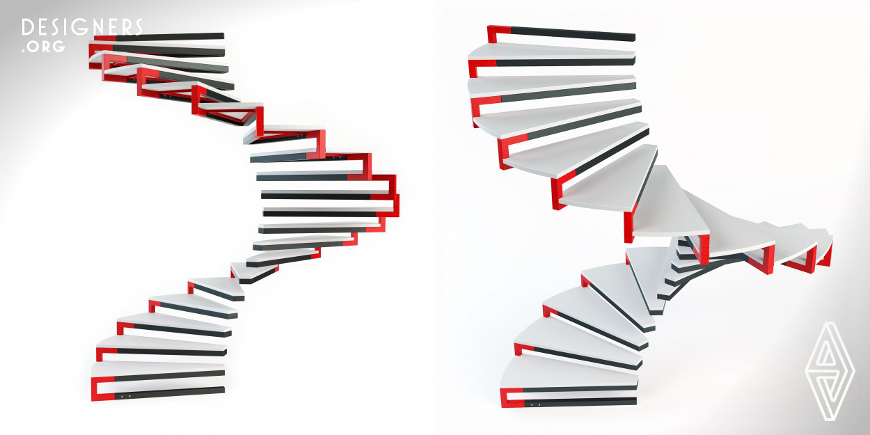 UVine spiral staircase is formed by interlocking U and V shaped box profiles in an alternating fashion. This way, the staircase becomes self-supporting since it does not need a center pole or perimeter support. Through its modular and versatile structure, the design brings easiness throughout manufacturing, packaging, transportation and installation.