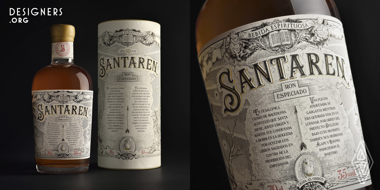 Santaren is the result of the silent, dark, patient maceration of plants and spices. The objective was to make the design eminently original, to endow the bottle with all the elegance, personality and refinement of the liquid it contains, serenely distilled, full of feeling and history. The graphic approach for the label was classical, employing engraving techniques to create an image on heavily textured cotton paper. Ornamental typeface, luxurious detail and biblical symbols were incorporated to narrate the martyrdom of Saint Irene for a refined, elegant design. A delightful project.