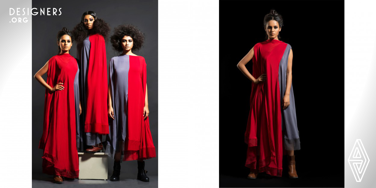 The Urban Brigade series of dresses is designed for the global urban women. The main inspiration behind the idea of these free flowing draped dresses was a kurta, the basic upper garment of the Indian subcontinent and a dupatta, a rectangular cloth worn over the shoulder teamed with a kurta. Different cuts and length of dupatta inspired panels were draped loosely from the shoulder to make an upper garment which could be of the same purpose as a kurta but more trendy, occasion wear, light weight and simple. Using crapes and silk flat chiffon in a mix of colours each dress is exclusively draped.