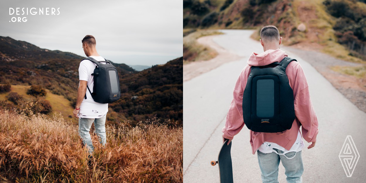 With Numi our main purpose is to make sure travellers get the most out of each journey by helping them stay fully charged, safe and organised on the road. The backpack Numi, has a 7 Watt solar panel that captures the sun’s energy on a connected power bank. The easily accessible USB ports on both sides of Numi allows users to charge their devices on the go quickly and without fuss. Numi comes standard with hidden zippers to deter thieves as well as a completely enclosed surrounding to repel water.