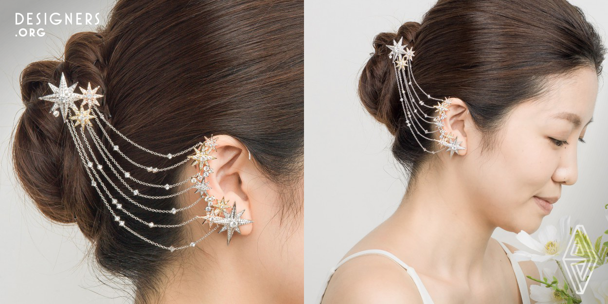 The design of this piece of bridal jewelry is based on the legendary diamond star hair pieces of Queen Sissi of Austria. It combines traditional hair pin with current in-demand ear crawler design. It is like a subtle but modern coronation when the piece is put on. The 220 pieces, weighting a total of 5.20ct, of glistening diamonds swing and gleam with every movement, adding sparks to the bride for she is her parents' treasure, angel and star.