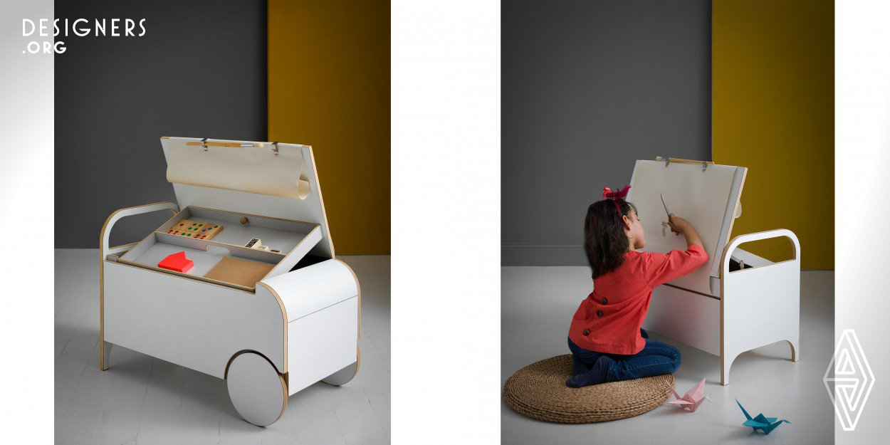 IO Doodle Box is a portable storage unit designed to accommodate children’s interest in learning, drawing and creating. The unit has integrated wheels that allow children to easily and independently move it around. In addition, IO Doodle Box doubles as a bench seat with internal storage for art work and a removable tray for drawing and painting accessories which ensures that materials are always at hand. The piece accommodates a roll of paper which when pulled out and over the lid creates a drawing board and further invites children to draw and doodle spontaneously whenever the mood strikes.