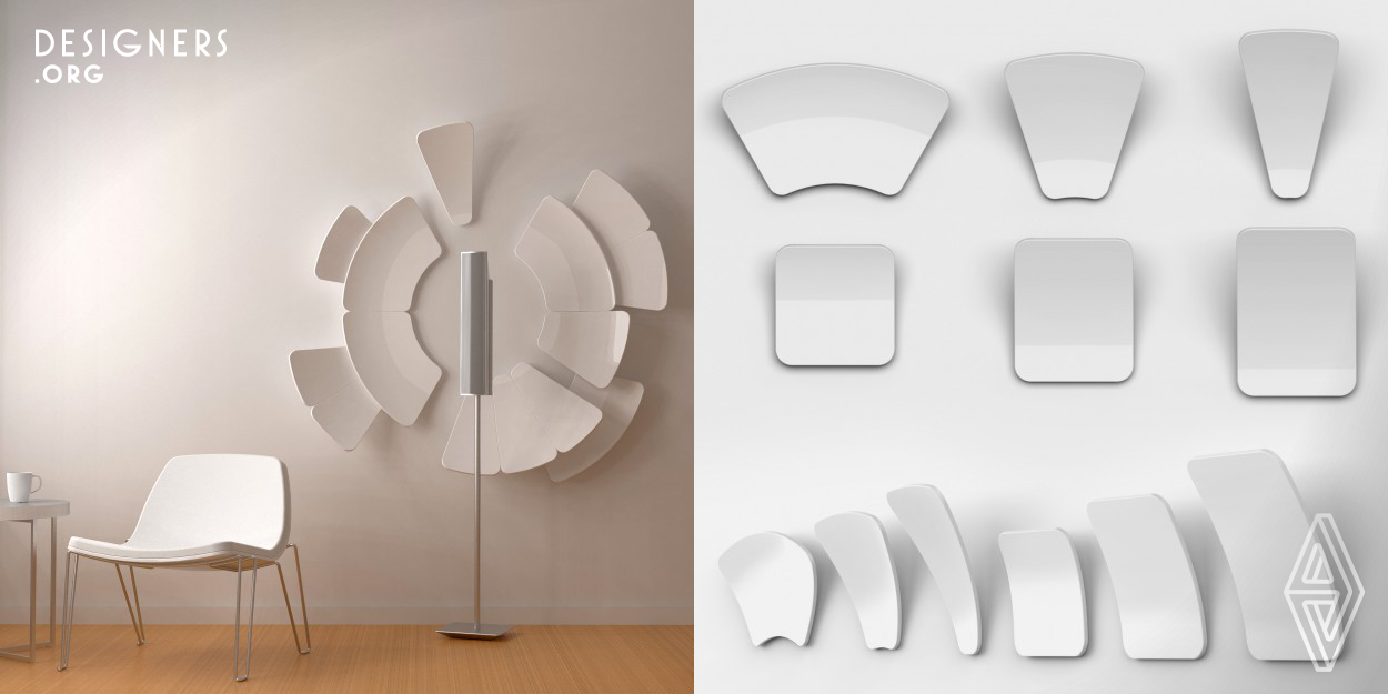 Petalis is a decorative wall unit that also works as a sound amplifier. It is aimed to direct the sound which is coming from the sound source. Under normal conditions, the effectiveness of the sound is lost because of the other interior elements. Petalis helps to take advantage of the sound source capabilities more with the help of different angled leaf pieces. The project is driven by the idea of creating home sized theater after inspired by the acoustic mirrors. The sound experience amplifies with Petalis. 
