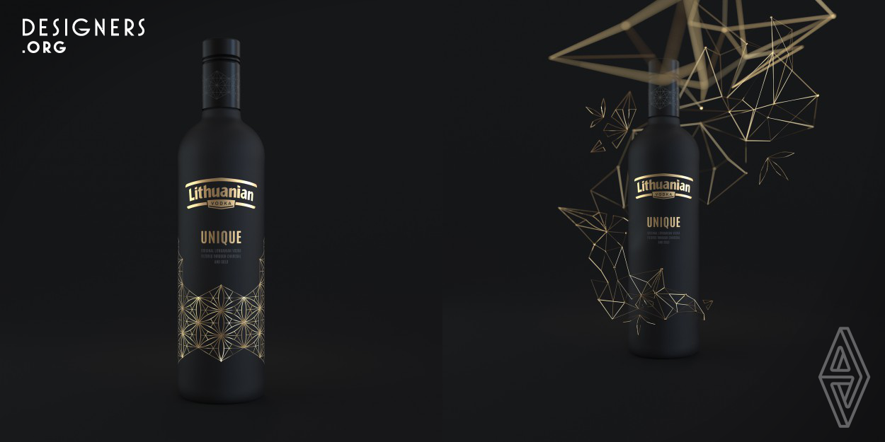 A matted black bottle, a logo printed with matte gold foil, an attention-getting ornament of two visibility levels that's covered in shiny gold foil - all these elements became part of the exceptional design solution. The biggest technological challenge was printing the created pattern without a beginning or an end - the ornament stretches around the whole bottle without breaks.