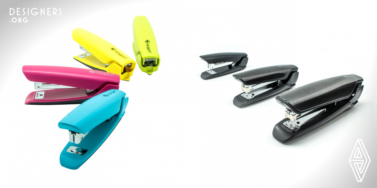 Kangaro Nowa is a range of staplers designed for the European market. The core objective was to create a high quality aesthetic so as to elevate the stapler to the status of a lifestyle product, from being a purely functional office stationery. Nowa staplers come in different sizes to suit different usage requirements. Further, they are available in two different materials to fit the users' choice - plastic and sheet metal. However, the design maintains its visual consistency across sizes and materials. The staplers also offer optimized ergonomics for different styles of usage.