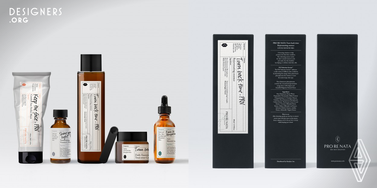 The name of the brand “PRO RE NATA”, a professional term used by doctors and pharmacists in prescriptions, means ‘as needed’ or ‘as the situation arises’. Overall design, such as labels and typography, is executed in a way that reminds of the ‘prescription’ to firmly establish the identity of a bioceutical skin solution brand that embodies the professionality of doctors. The logotype of PRO RE NATA, designed with Humanist Sans, which exists in between Sans Serif and Serif, conveys the modern and prestigious brand image. 