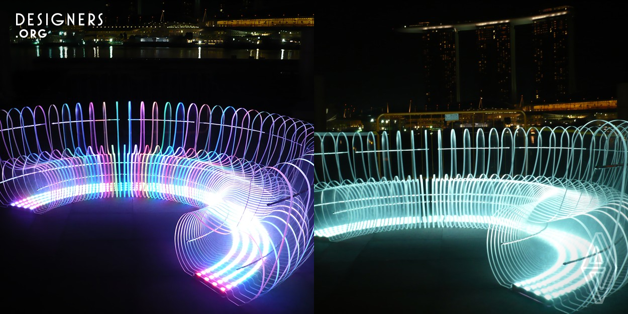 A sculptural piece that functions as sitting area for the public and illuminates at night. When clear changes to colours, the seat switches from being dynamic shadow, into a colourful light show. The title, which consists of two “C” s facing each other, means from “clear to colors”, and to converse in colors. The seat shaped like the letter “C”, are meant to encourage the public to converse and connect people of diversity and culture.