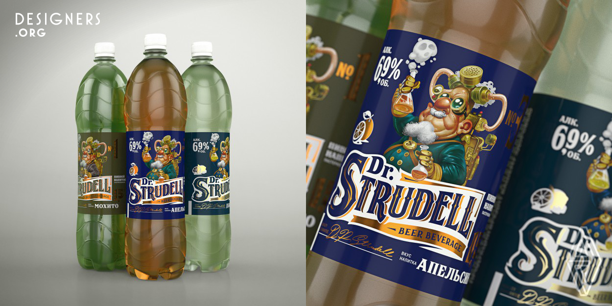 Dr. Strudell is a collection of soft drinks of various flavours. The target audience of it mostly consists of young people. The basis is an illustration of an eccentric professor, a doctor of science in low alcohol drinks. He is at work: mixing, experimenting, creating. His golden signature on the label guarantees the quality and the handmade typography of the brand name reflects the uncommon recipe of the drinks. Every flavour has its own index number, icon and colour code. 