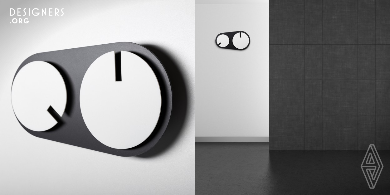 The concept of the Dialogue clock is new perspective on Time. There are no arrows: the first disc shows the hour, the second one – minutes. The visual language is simplicity and changes of graphic combinations. Time is the common voice of all nations and cultures. The most inspirational goal for the designer is to freshen a view of a simple everyday object. 