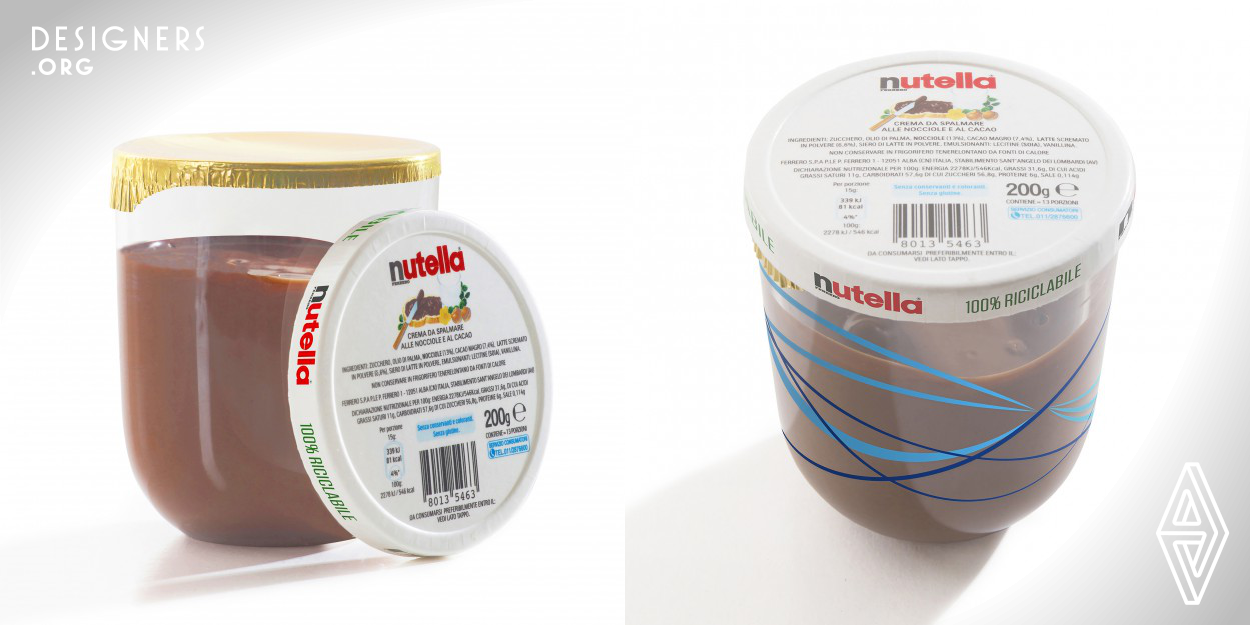 As an answer to global pollution we've designed the first ever Nutella Package fully recyclable. Glass, aluminum and paper can be easily recycled, providing a lower impact on the ecosystem. The plastic lid has been replaced by a paper one that can be printed and this makes the old label useless because all information are now printed directly on the lid itself. This innovation has brought three advantages: the reduction of components and processes, the elimination of plastic and total recyclability. Moreover without the label, the silk-screen decoration on the glass remains totally visible.