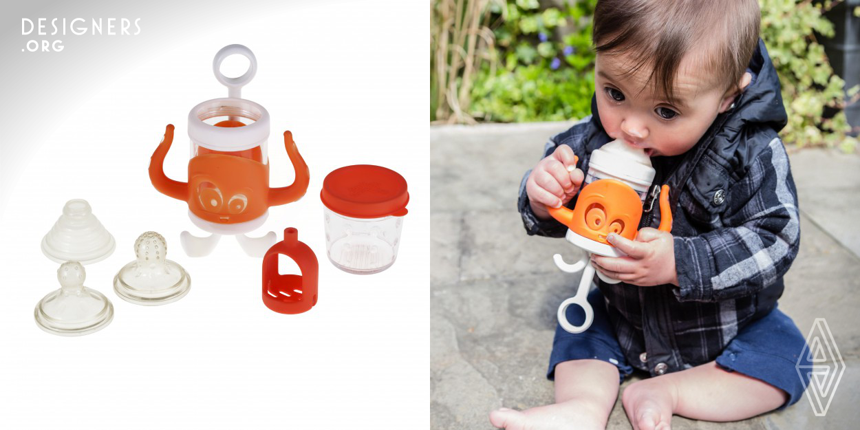 Otto the Octopus is the first complete feeding system for weaning a baby or toddler. It has been specially designed to accompany a child through the early stages of feeding. A range of adjustable spouts has been created to grow the childs confidence with food textures. The unique octopus design is loved by toddlers, who enjoy the independence of being able to eat by themselves when using a spoon is difficult. Otto is versatile and copes with both fresh and cooked foods as well as liquids.