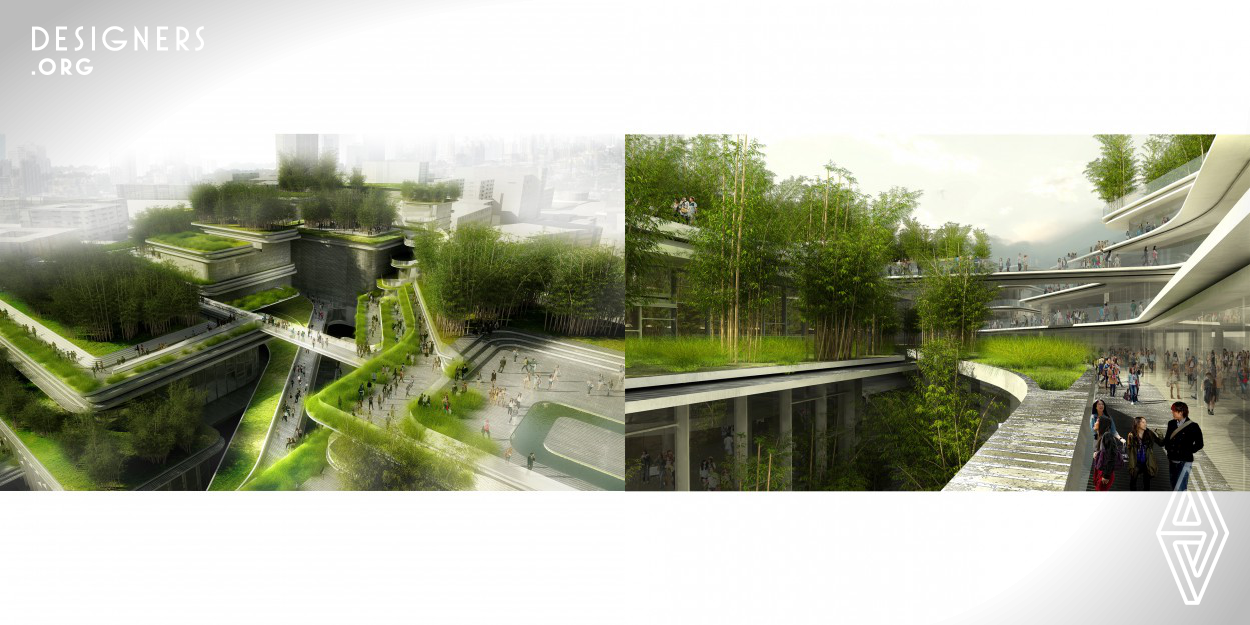 Inspired by Chinese landscape painting of natural scenery, building body mass and organic links as expressed landscape. Lush "mountain" landscapes set off architectural form of scattered high and low, pedestrian square foot of landscape painting as "water", as architectural form separates and blends building height from the east to west side of the city the river progressively drop with the green roof, creating a "cascading" physiognomy intention Sichuan. 