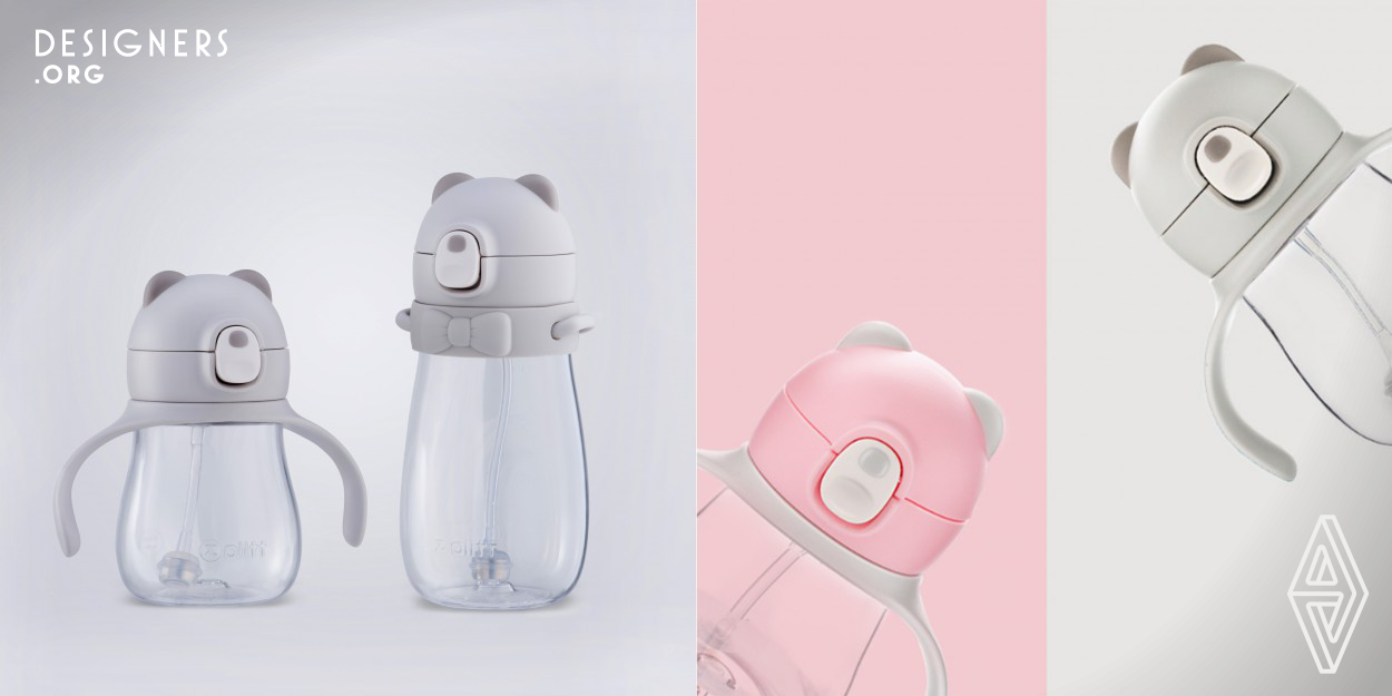Little Bear Kids straw water bottle is design for children which could prevent the water from splashing. The design inspiration of the shape is from "Bear", clear and rounded design language, create a comfortable user experience. We make a design on the button which can prevent splashing of the water. All parts of the water bottle are easily disassembled. You can clean and sterilize each component, not just the body.